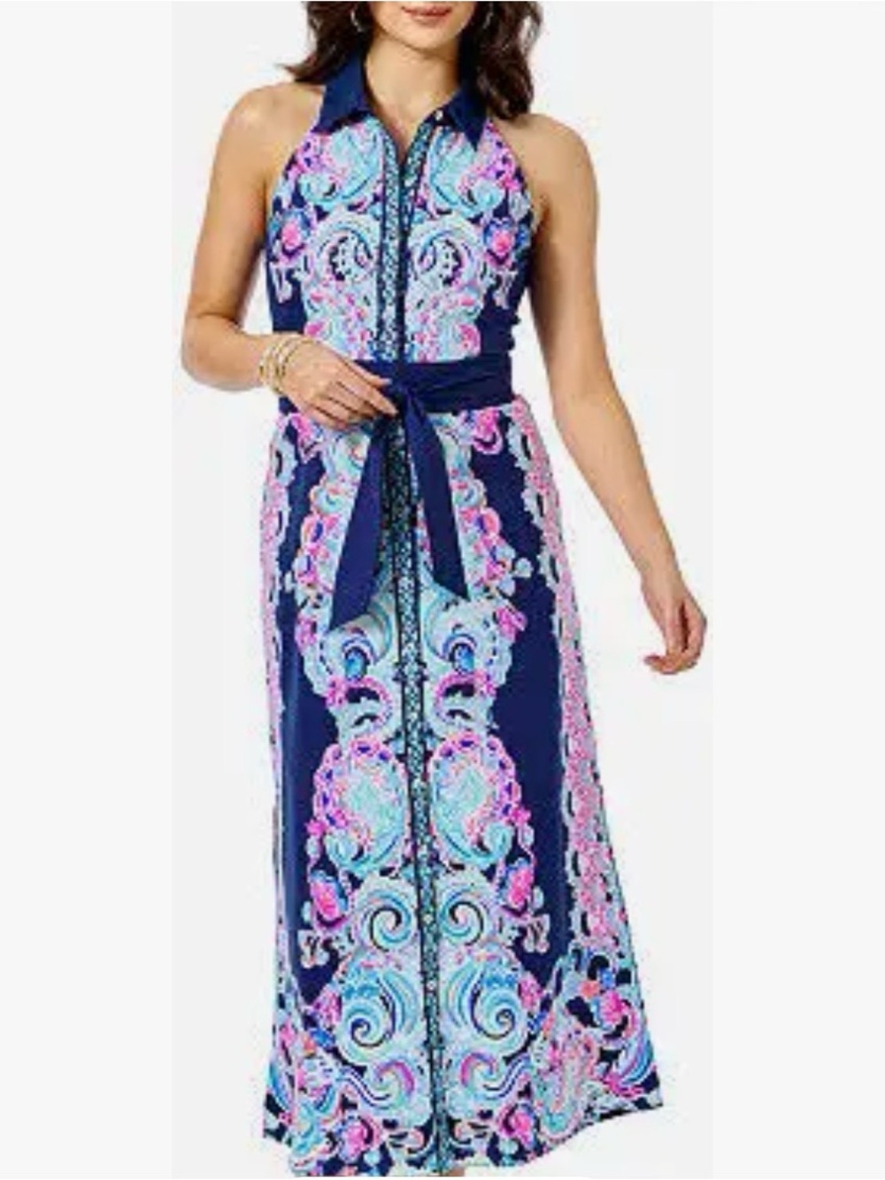 Lilly Pulitzer Navy Halter Paisley-Print Midi Dress with Pink & Turquoise